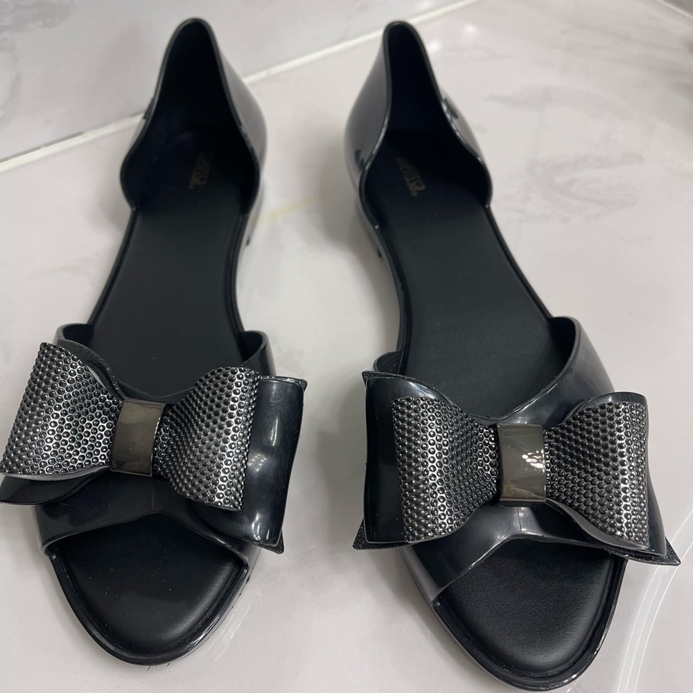 Melissa Womens 10 Flats Slip On Open Toe black Jelly Sandal Shoes With Bow